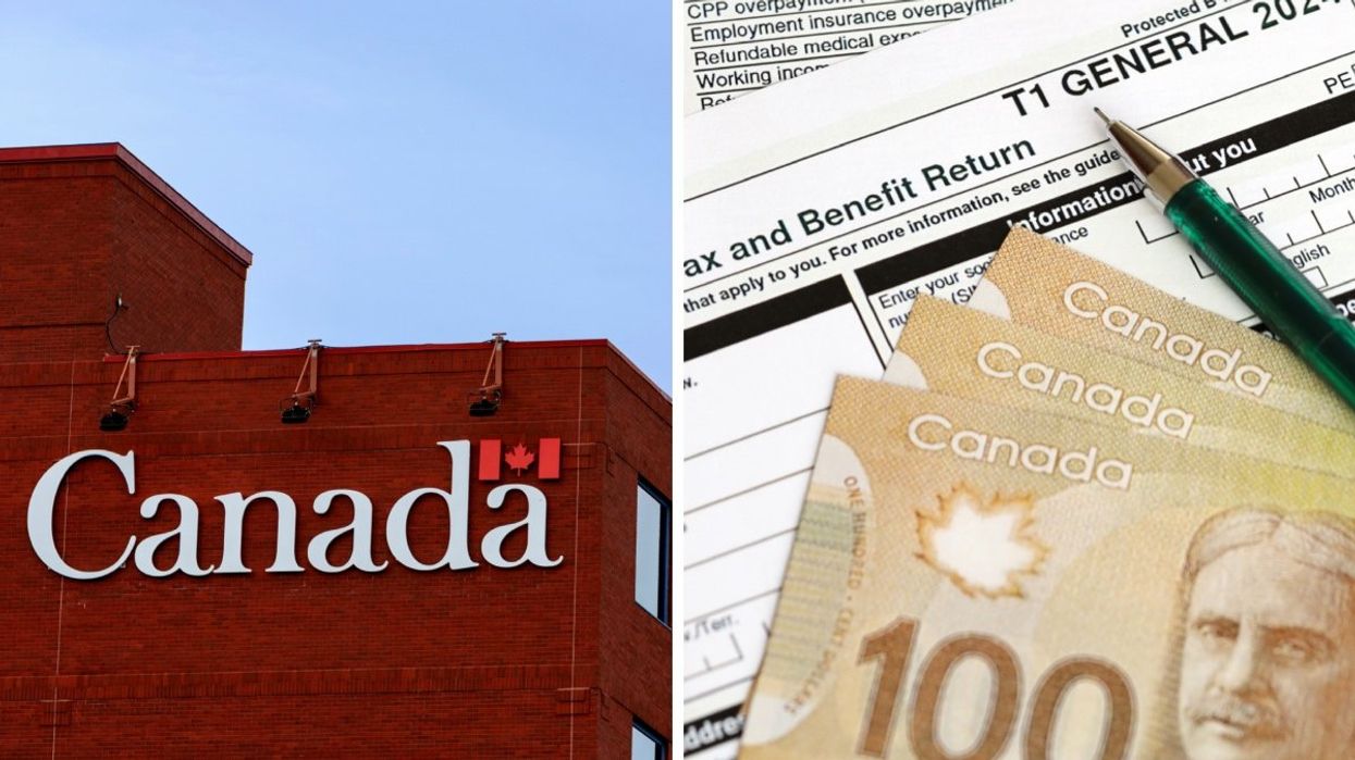 A red-bricked Government of Canada building with the Canadian flag logo on its exterior. Right: A Canadian benefit return form with three Canadian hundred dollar bills atop it.