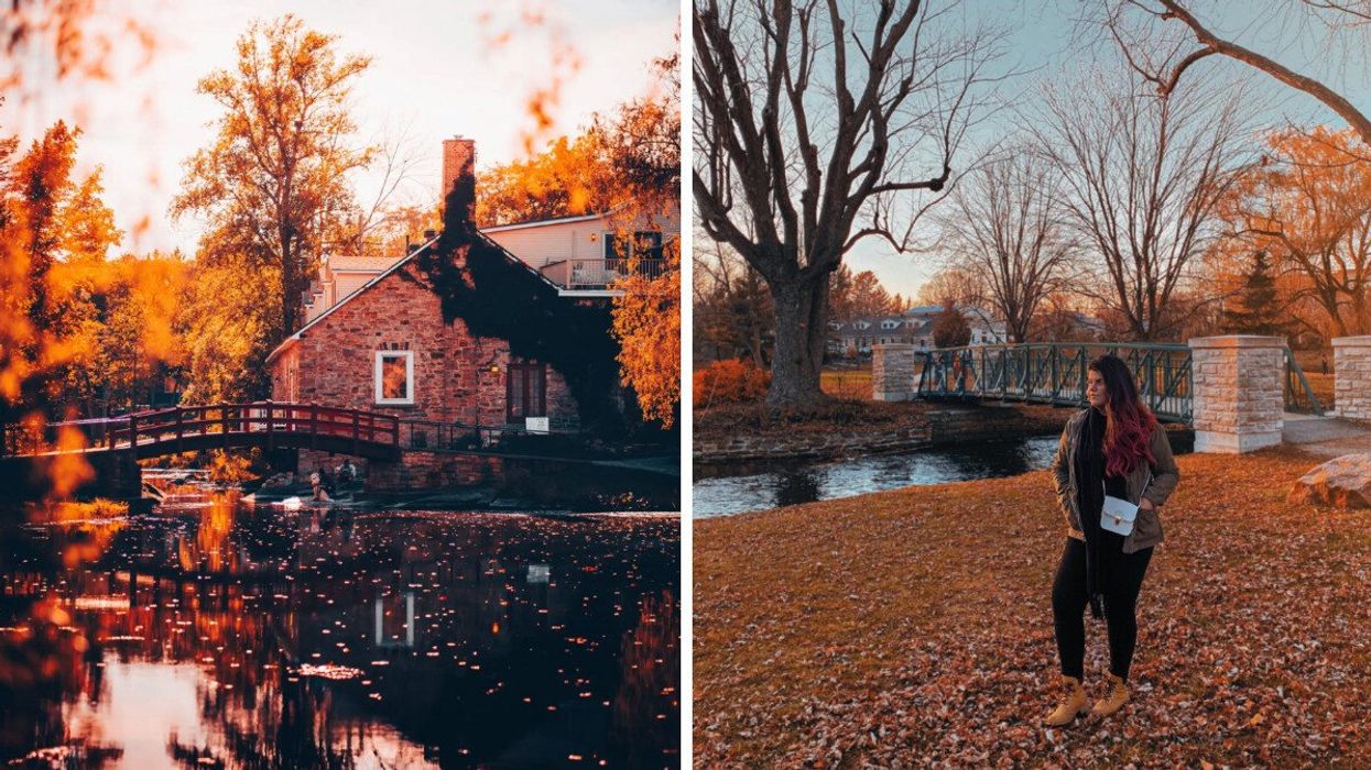 A red bridge surrounded by golden fall foliage. Right: A woman stands among golden fall leaves in Perth, Ontario.