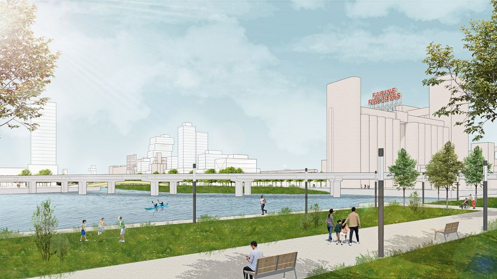 A render of the city's plans for the area surrounding the Bonaventure Bridge, including the Farine Five Roses building.