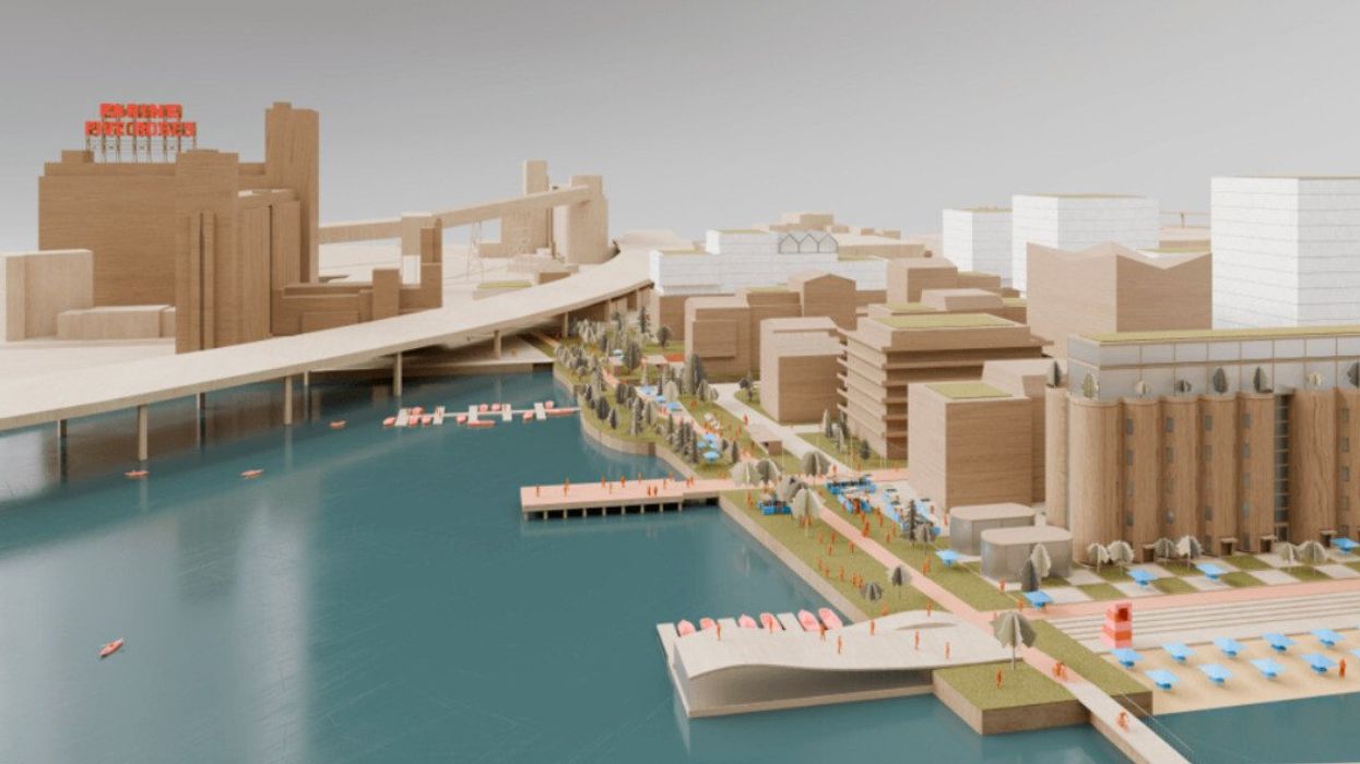 A render of the Wellington Basin near Farine Five Roses, with an urban beach and boat docks.