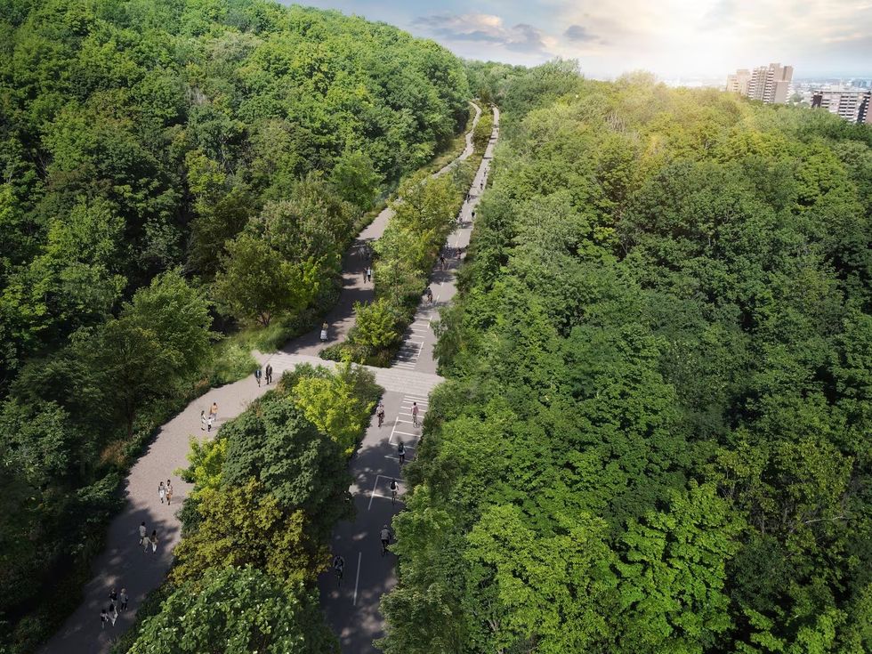 A rendered image of a redesigned Camillien-Houde Way in Mount Royal park.