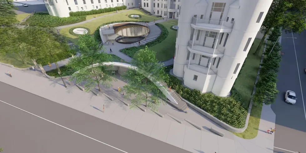 Una representación del futuro campus de McGill muestra detalles de diseño arquitectónico únicos, como una escalera de caracol y una pasarela arqueada.