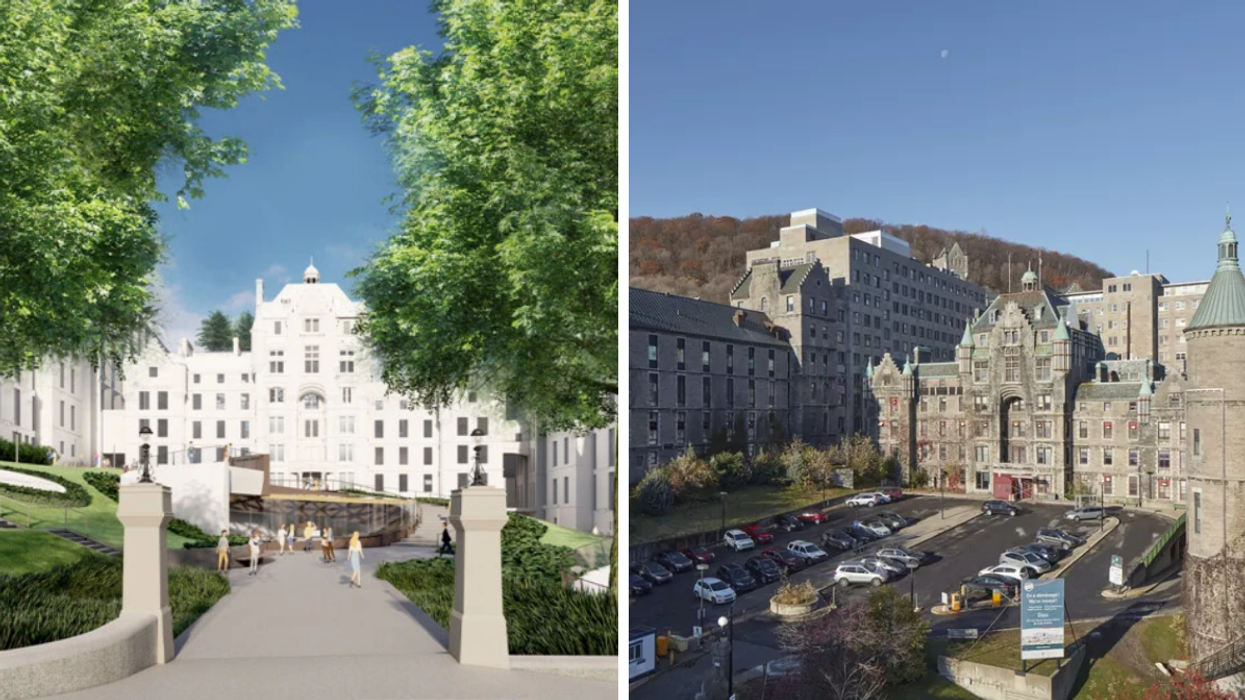 A rendering of McGill University's new campus. Right: The site of Montreal's former Royal Victoria Hospital.