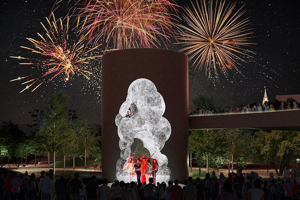 Una representación del nuevo Monumento 2LGBTQIA+ Canadá iluminado por la noche con varias Drag Queens posando debajo de una estructura de espejos mientras se disparan fuegos artificiales de fondo.