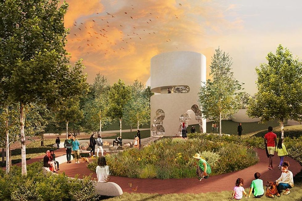 Una representación del nuevo Monumento 2LGBTQIA+ Canadá con varias personas sentadas y caminando alrededor de una estructura de espejos.