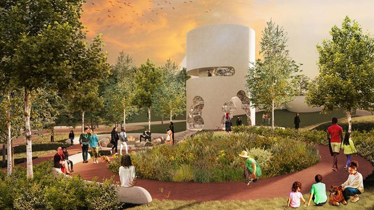 A rendering of the new 2LGBTQIA+ Canada Monument with various people sitting and walking around a mirrored structure.