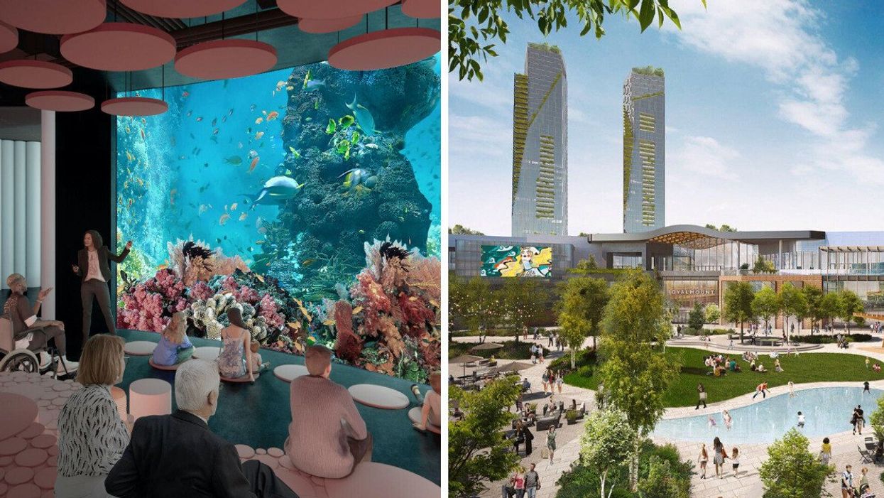 A rendering of the planned Aquarium de Montréal in the Royalmount development. Right: A rendering of the Royalmount development.