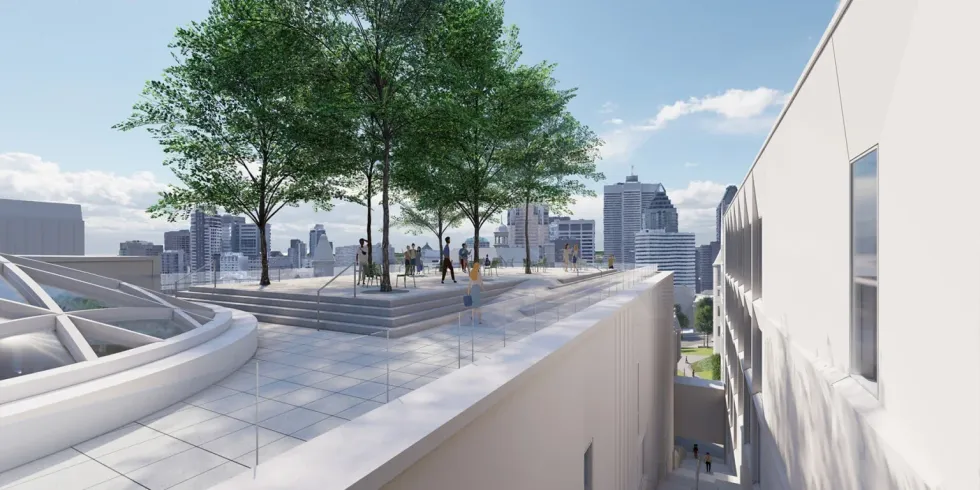 Una representación muestra a personas en el espacio público de la azotea con vista al horizonte del centro de Montreal.