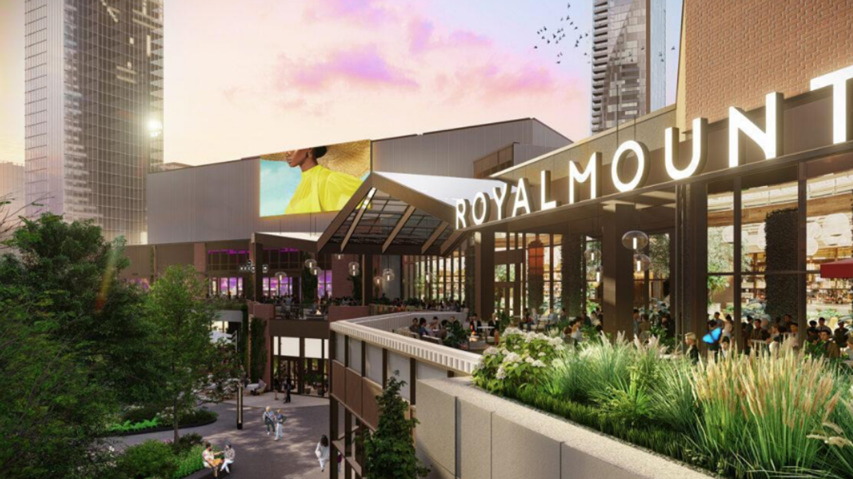A rendering shows Royalmount Montreal's future facade and urban park.