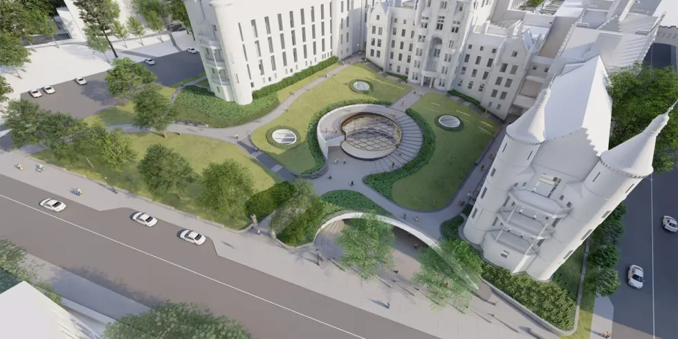 Una representación muestra el frente del futuro campus de la Universidad McGill, que presenta una plaza pública de exuberante vegetación con un pabellón circular.