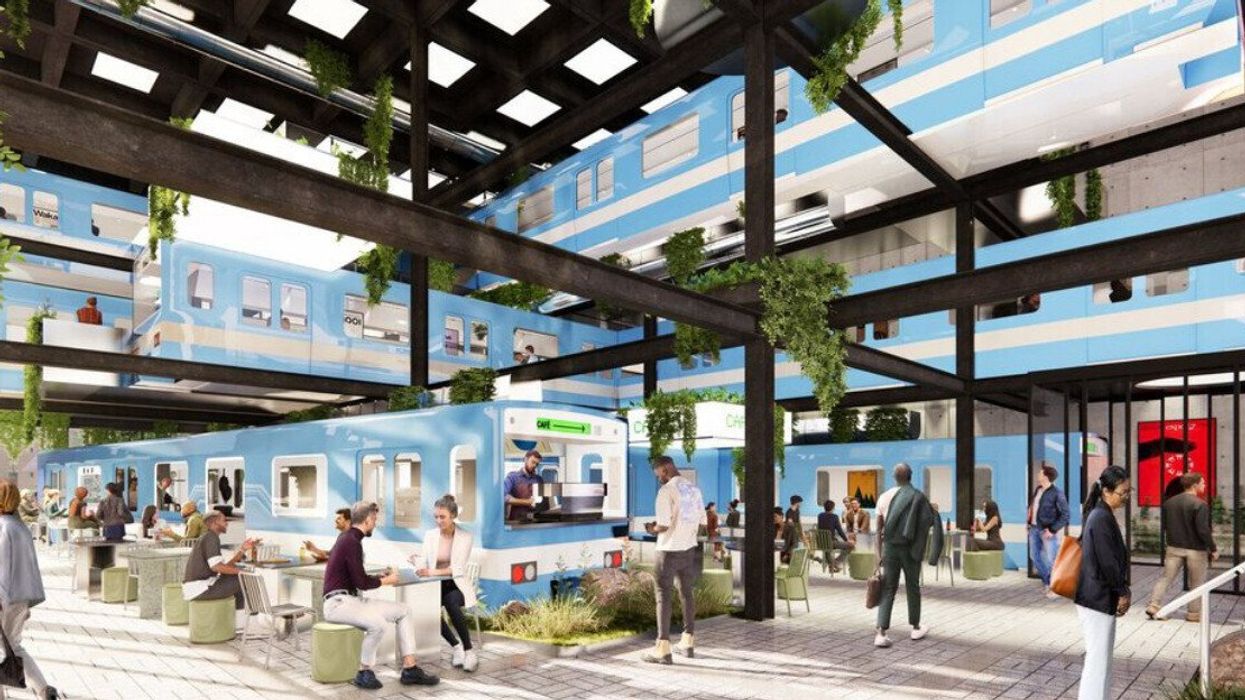 A rendition of people dining next to old Montreal metro cars in an industrial structure layered with plants.