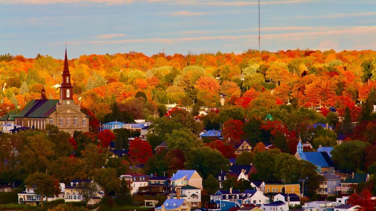 A residential area of Quebec City during the fall with lakeside homes, a church and trees of various shades of red, yellow and gold.
