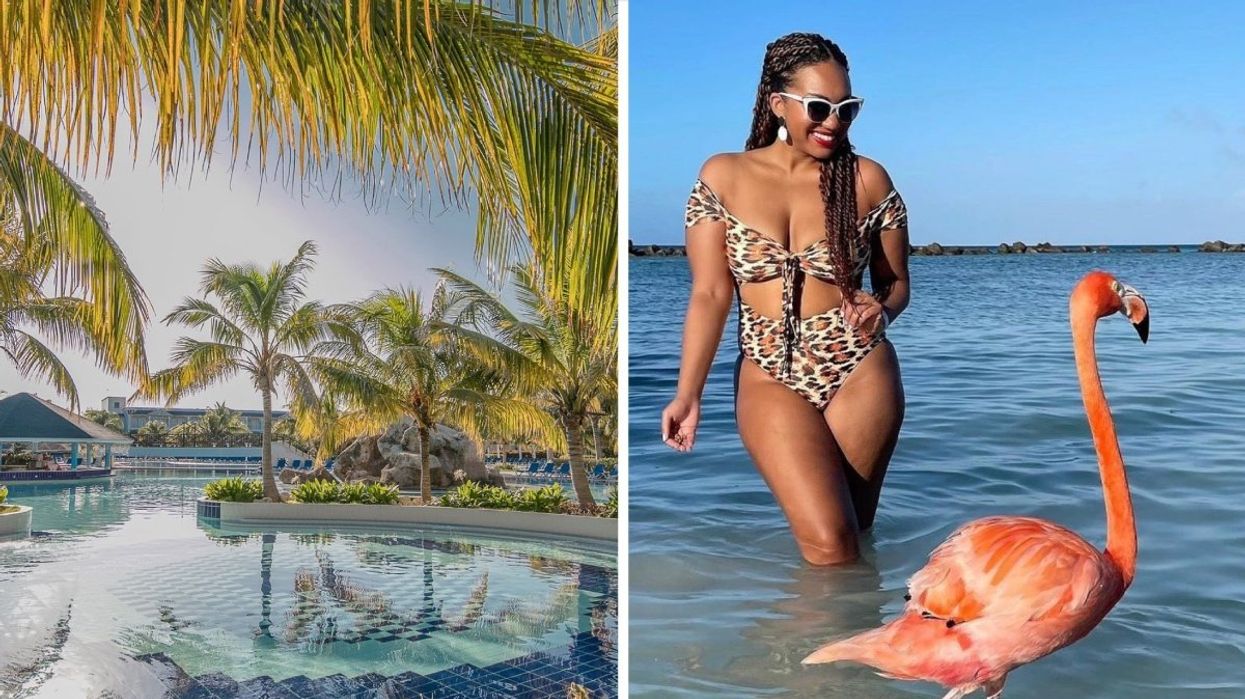 A resort in the Caribbean, Right: A person posing in the water with a pink flamingo.