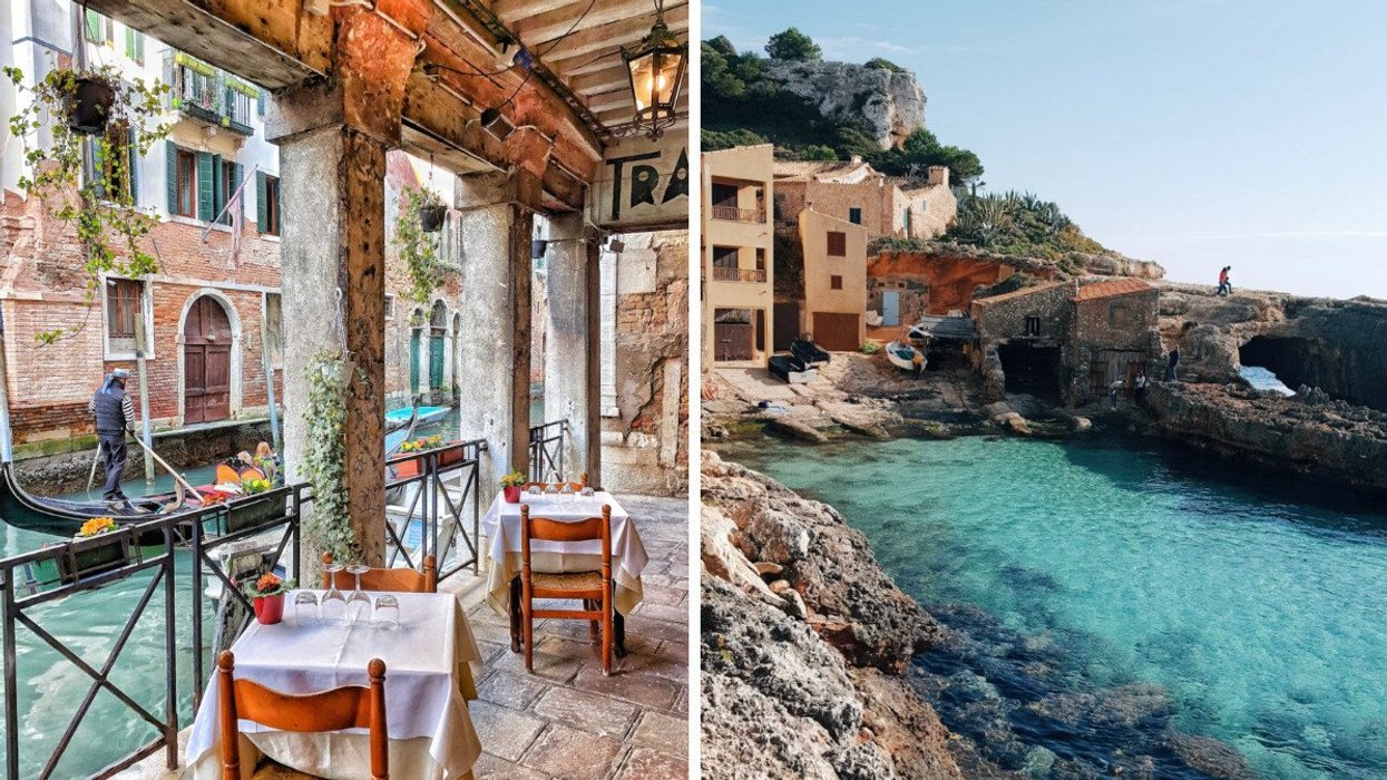 A restaurant patio overlooking a Venice canal with a gondolier passing by. Right: A rocky cove in Spain with turquoise water and stone buildings built into the cliffside.