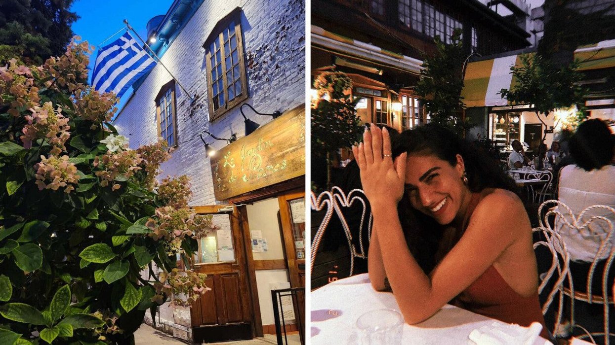 A restaurant with a white exterior. Right: A person sitting on a patio.