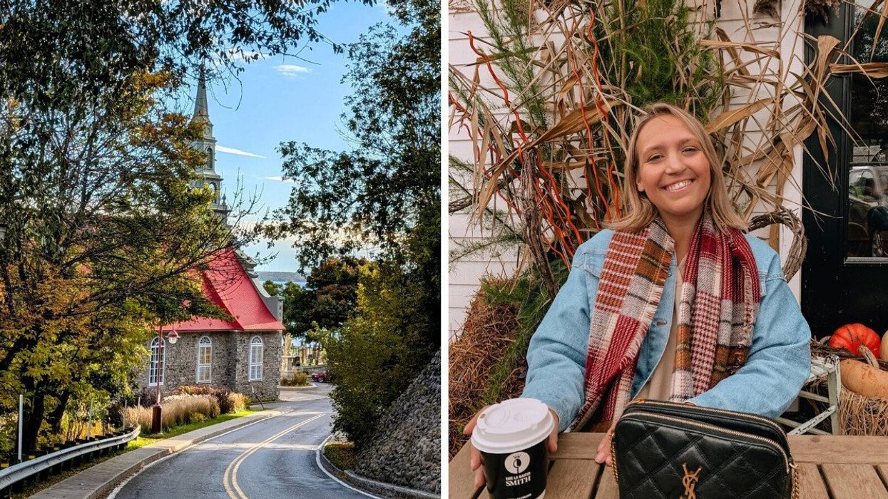 A road beside a stone church. Right: A person sitting at a cafe.
