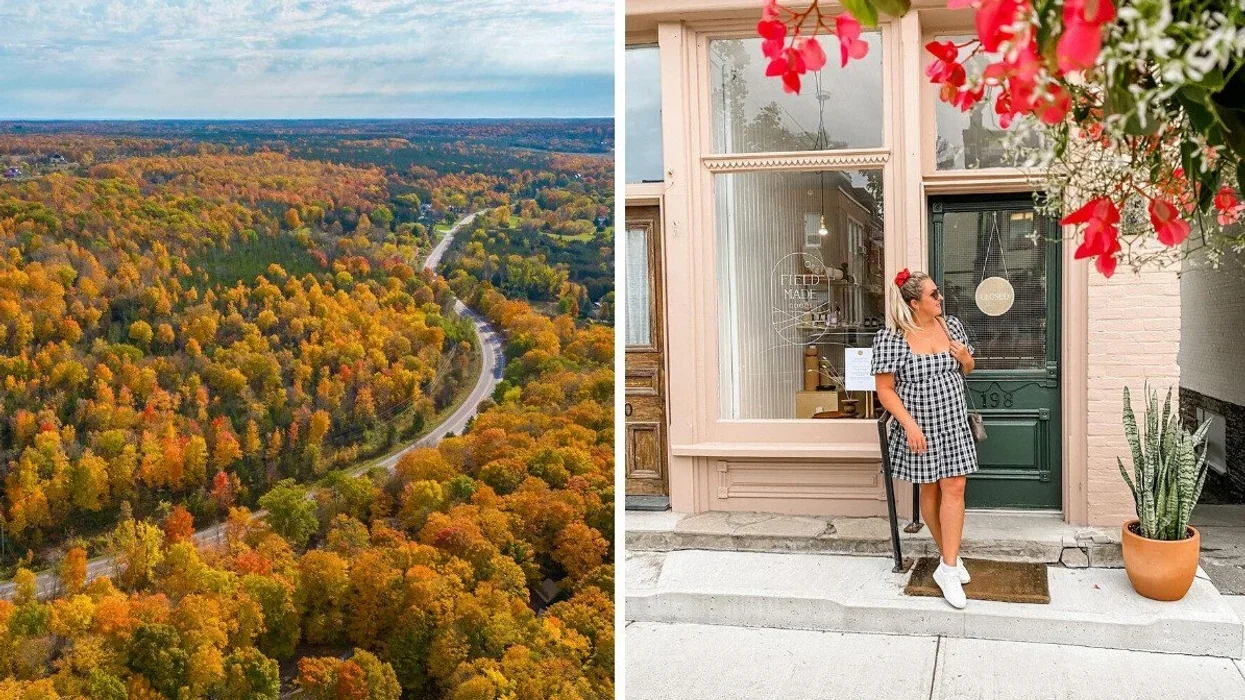 A road through fall foliage. RIght: A person standing outside a store.
