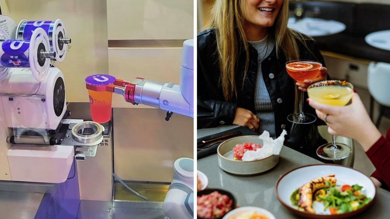A robot arm holds a pink and orange bubble tea. Right: Two people cheers cocktails over a brunch meal.
