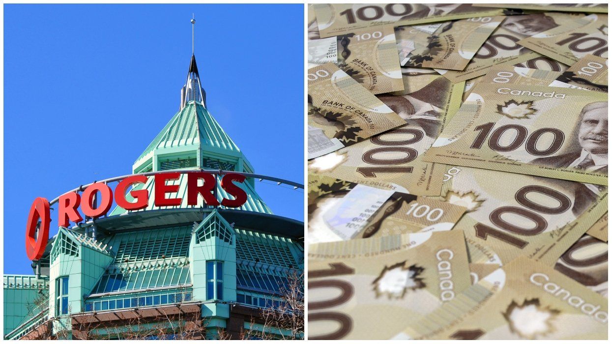 A Rogers office. Right: A stack of Canadian cash.