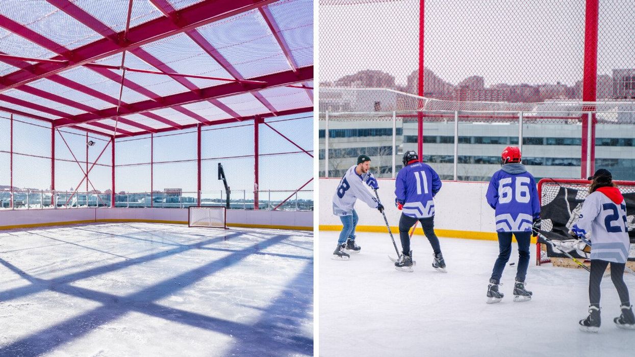 A rooftop ice rink in Mile-Ex. Right: People play hockey with the Montreal skyline in the background.