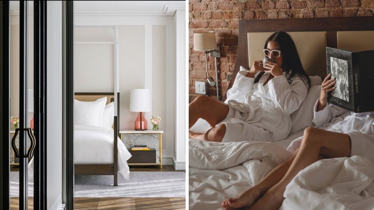 A room at the Four Seasons in Montreal, Quebec. Right: Two people sitting in a bed at Montreal's Hotel Nelligan.