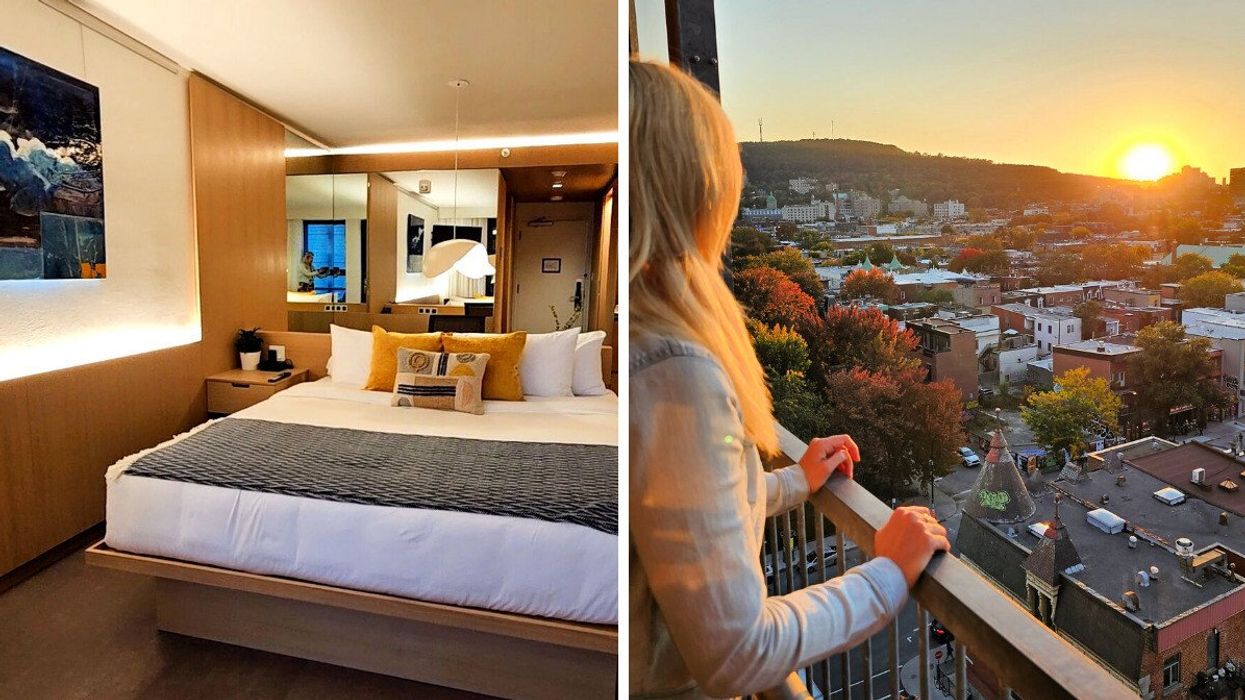 A room at the Hôtel ITHQ. Right: Someone looks over a balcony at the sunset over Mount Royal.