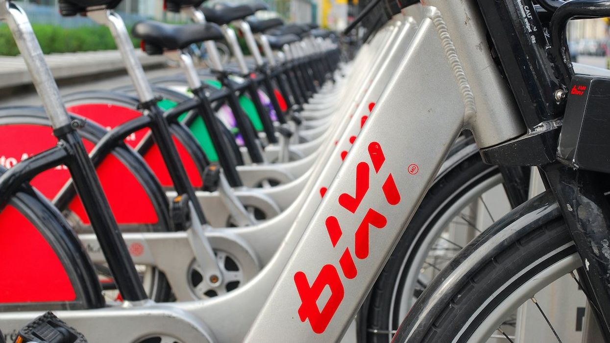 A row of BIXI bikes.