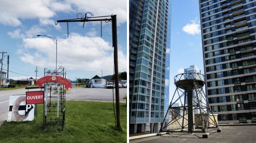 A rural street with green grass and a blue sky with a sign for Saint-Simon Bagel missing its iconic large bagel. Right: A platform on a rooftop surrounded by skyscrapers is missing its iconic water tower in the shape of a milk bottle. 