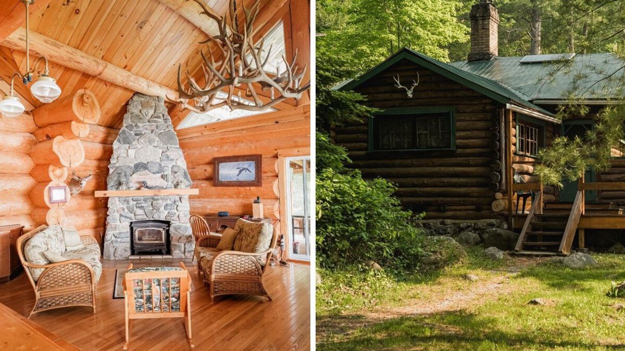 A rustic living room with a stone fireplace and antler chandelier. Right: A log cabin in the woods.