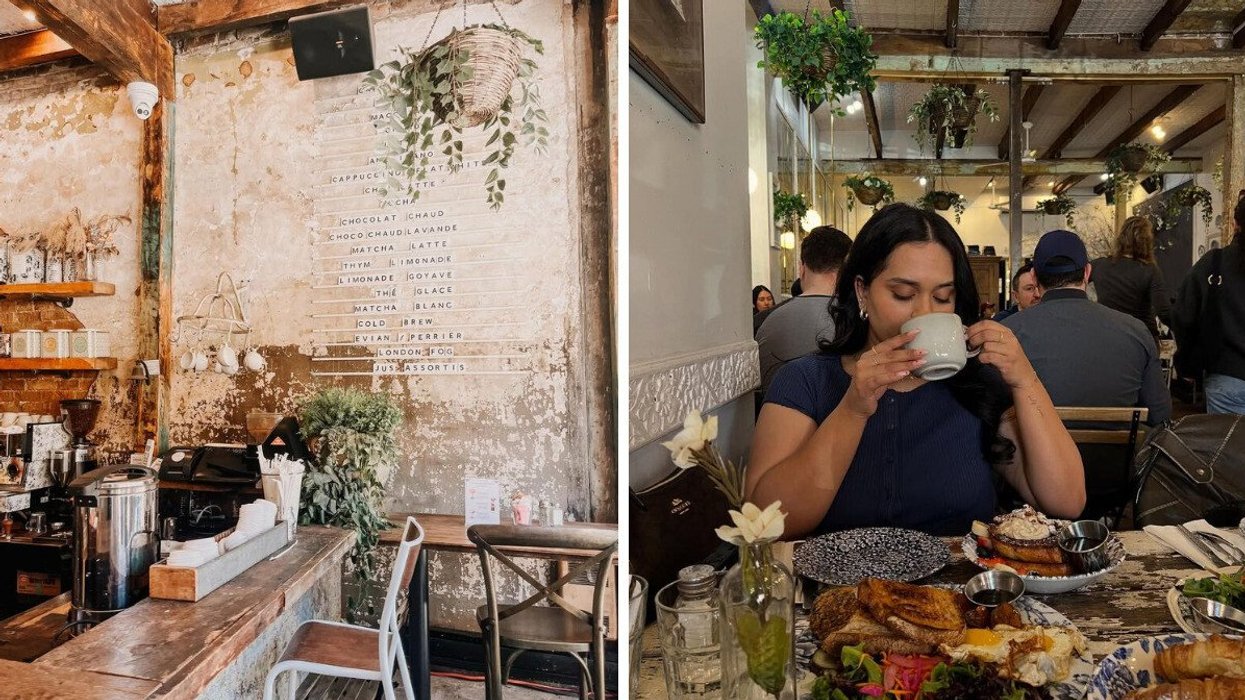 A rustic-looking cafe. Right: A person eating at a cafe.