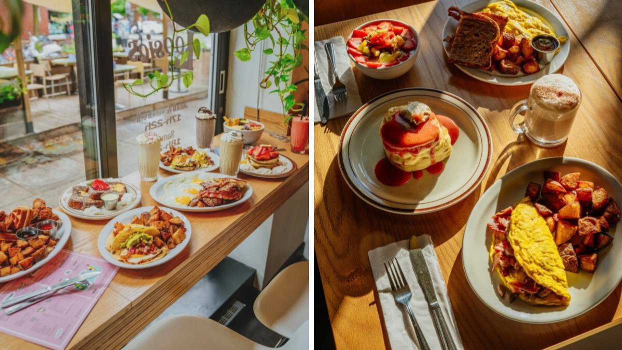 A sample of Fabergé's best brunch dishes. Right: Breakfast options laid out on a table at Fabergé, Montreal.