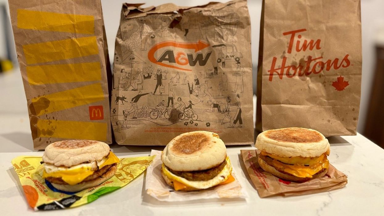 A sausage, egg and cheese breakfast sandwich from McDonald's, Tim Horton and A&W.