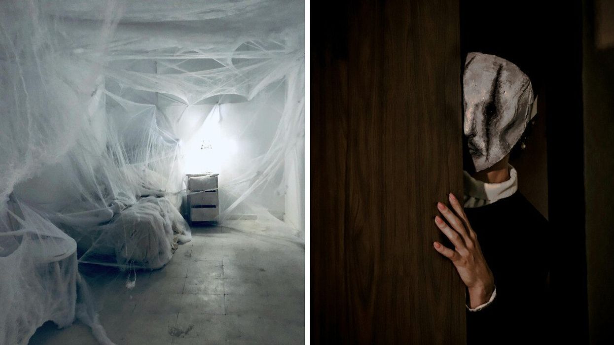 A scary-looking bedroom covered in cobwebs. Right: A terrifying face peeks from behind a closed door.