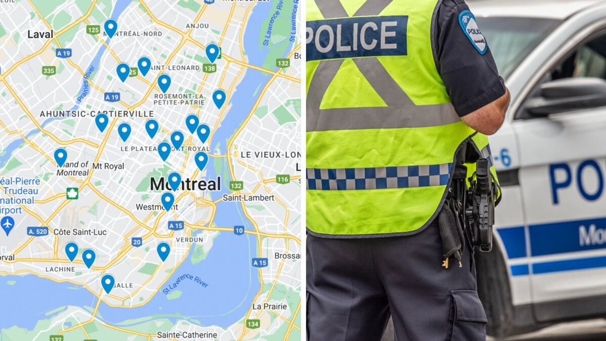A screenshot from Google Maps showing the locations of Montreal homicides in 2024 so far. Right: A police officer stands with his back to the camera.