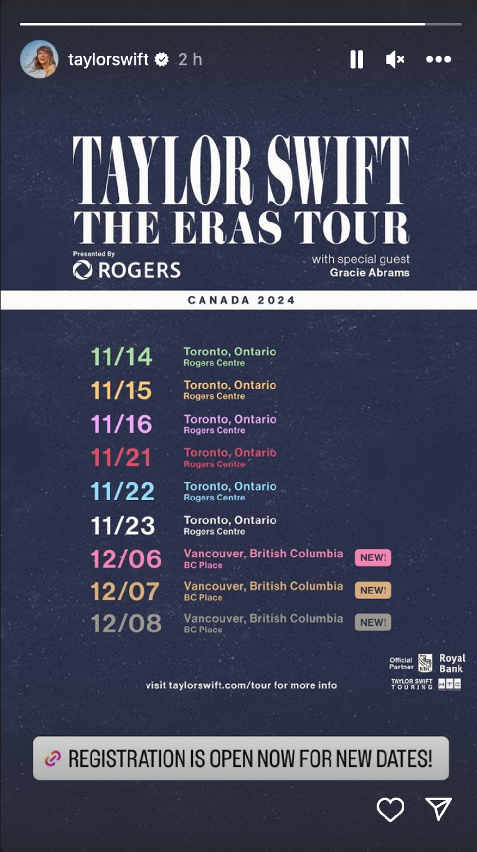A screenshot from Taylor Swift's Instagram Stories of her newest Eras Tour dates in Vancouver, BC.