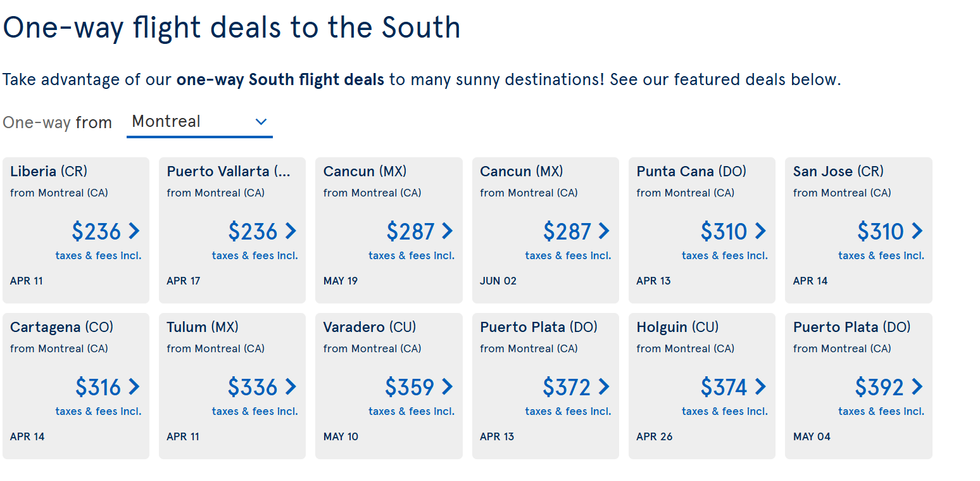 A screenshot of Air Transat's offers page.
