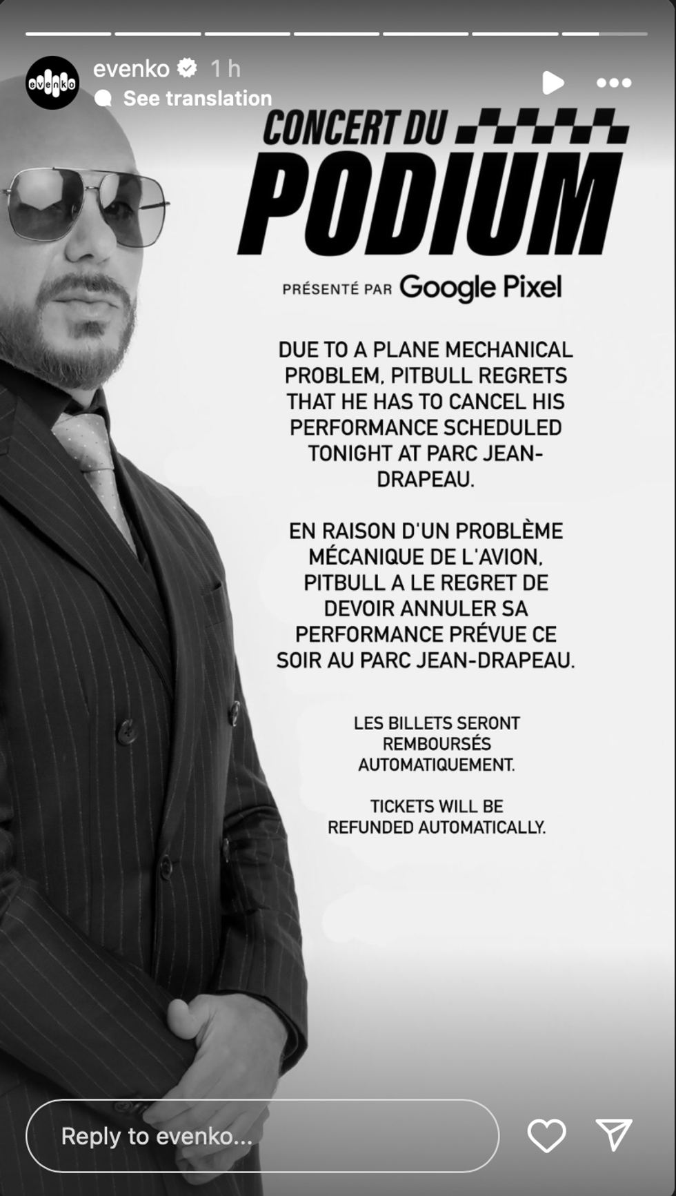 A screenshot of an Instagram Stories post from Evenko regarding Pitbull's cancelled show in Montreal.