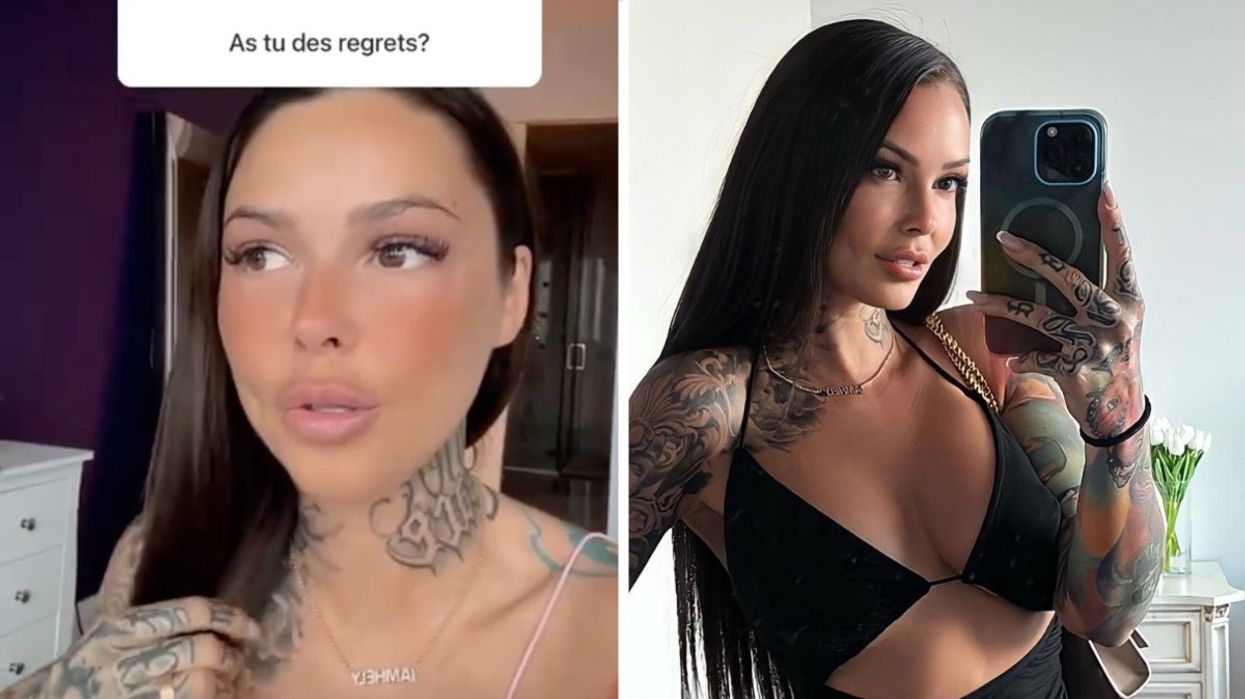 A screenshot of Helene Boudreau's recent Instagram Q&A session, Right: A photo of Helene Boudreau taking a selfie in the mirror wearing an all-black outfit.