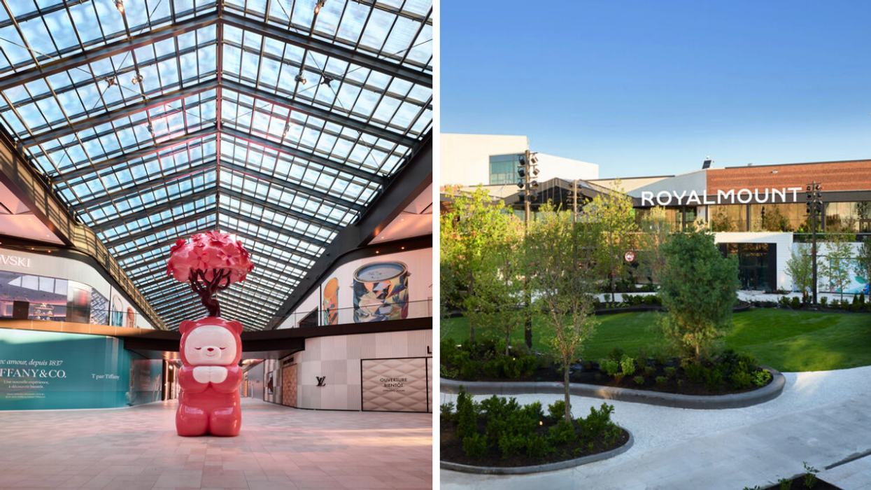 A sculpture of a red bear with a tree growing out of its head in the middle of a shopping centre atrium. Right: Greenery in front of the Royalmount sign and building.