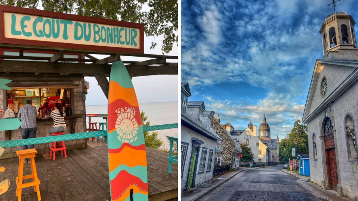A sea shack with colourful signage and a surf board. Right: Historic buildings in the old district of Trois-Rivières.