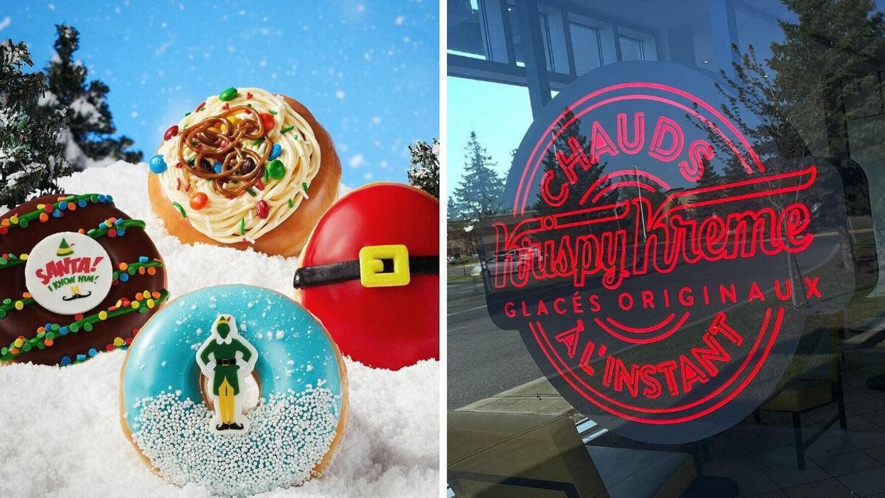 A selection of Krispy Kreme donuts themed from the movie "Elf." Right: An illuminated Krispy Kreme sign.