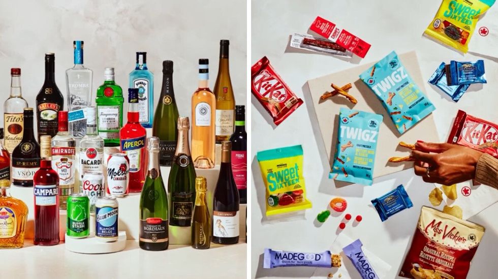 A selection of liquors, beers and champagne. Right: Snacks offered on Air Canada flights.