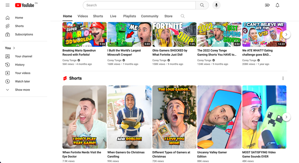 A selection of YouTube videos from Corey Tonge.