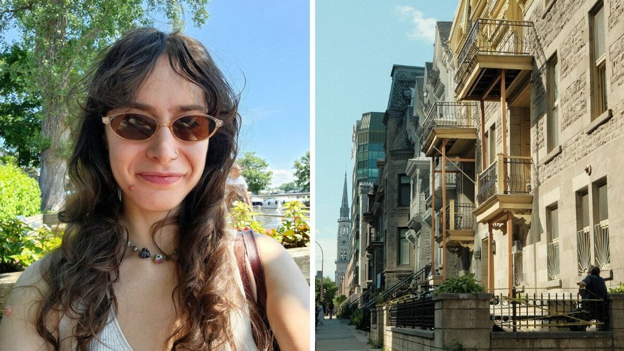 A selfie of a person. Right: A city street in Montreal.