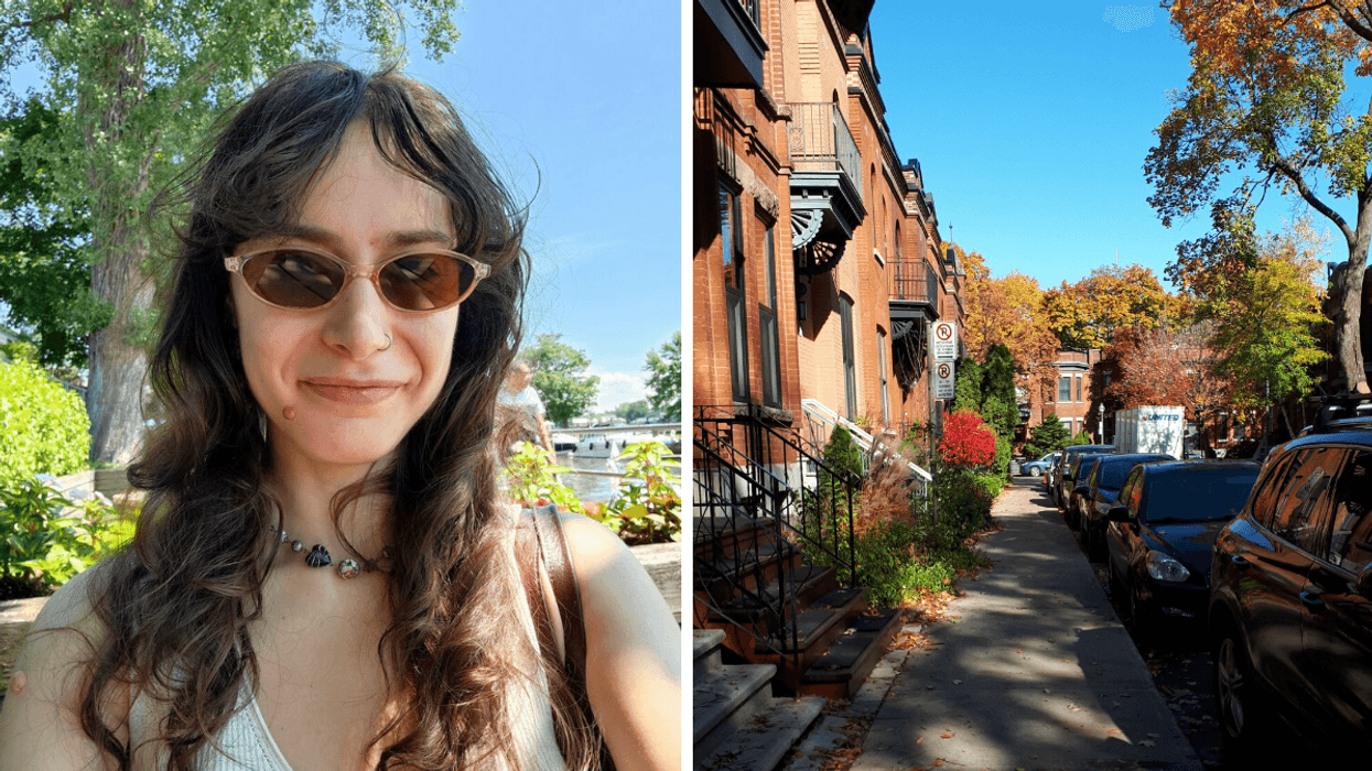 A selfie of a person. Right: A Montreal street.