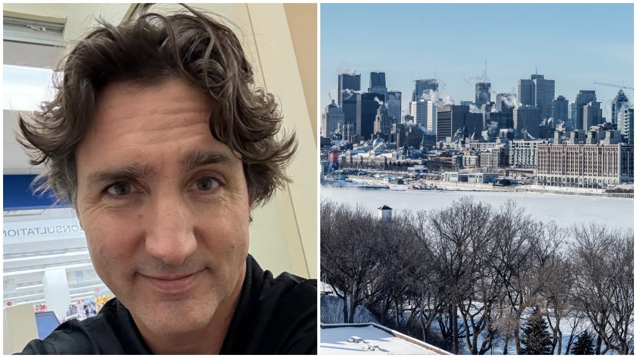 A selfie of Justin Trudeau. Right: The Montreal skyline.