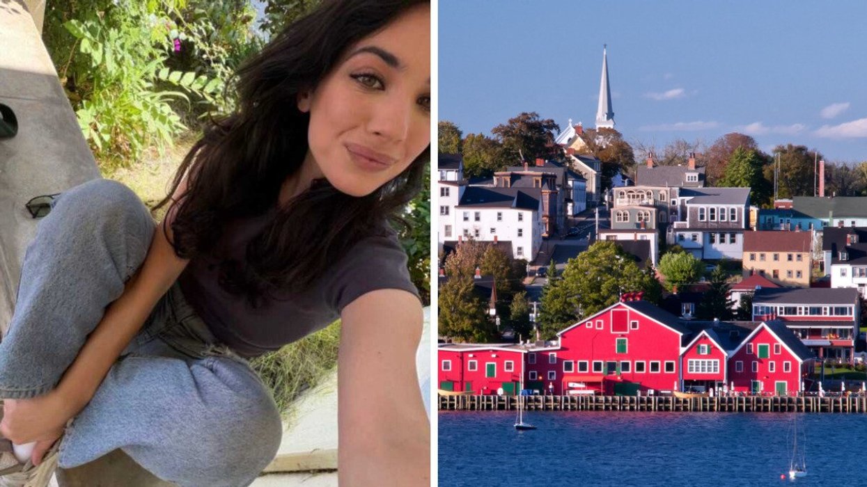 A selfie. Right: A small town in Nova Scotia.