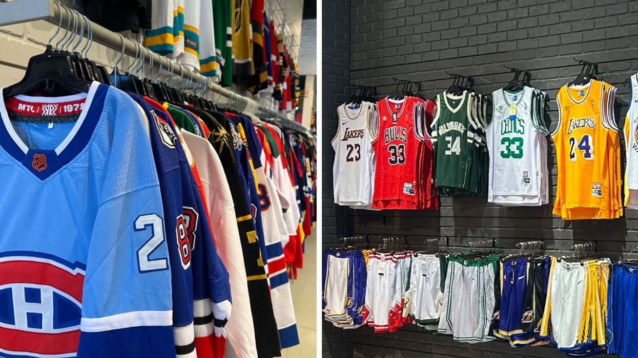 A series of hockey team jerseys hung up on a rack. Right: Various NBA basketball team jerseys and matching shorts hung up on racks.