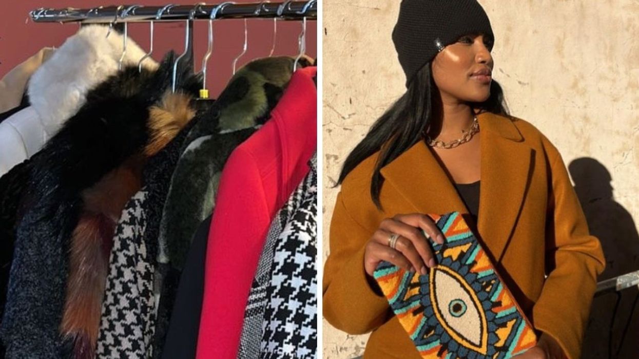 A series of winter coats hung up on a coat rack. Right: A person wearing a brown coat and a black toque holding a colourful clutch with an eye on it.