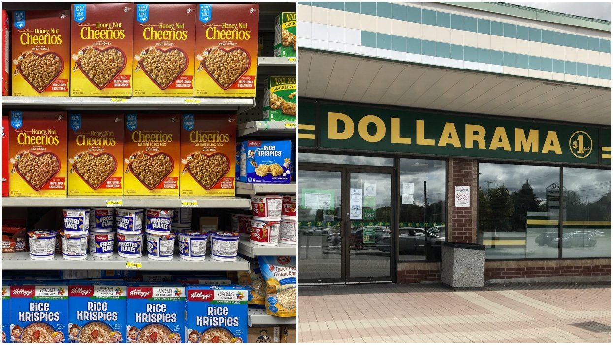 A shelf at Dollarama. Right: The outside of a Dollarama store.